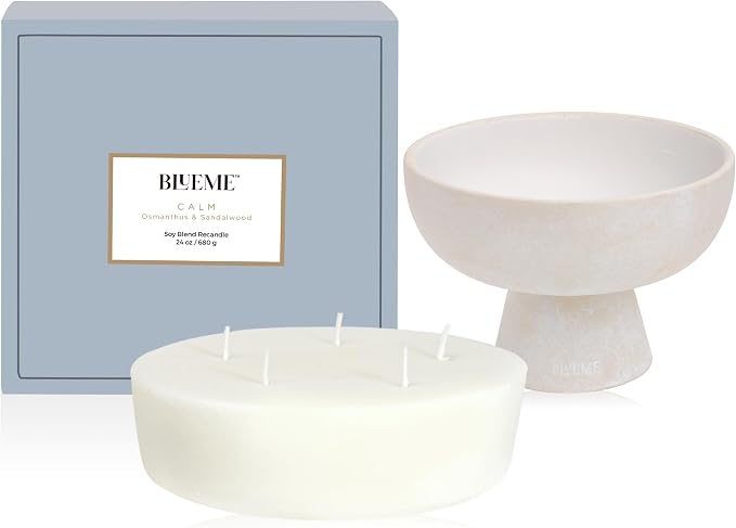 Blueme Calm Candle Refill | Osmanthus & Sandalwood | 4 Wick - Contains Essential Oil, Sustainable, Hand Finished, Hand Poured, Luxury Refill, Natural Cotton Wick, Soy-Wax Blend | Large 24 oz