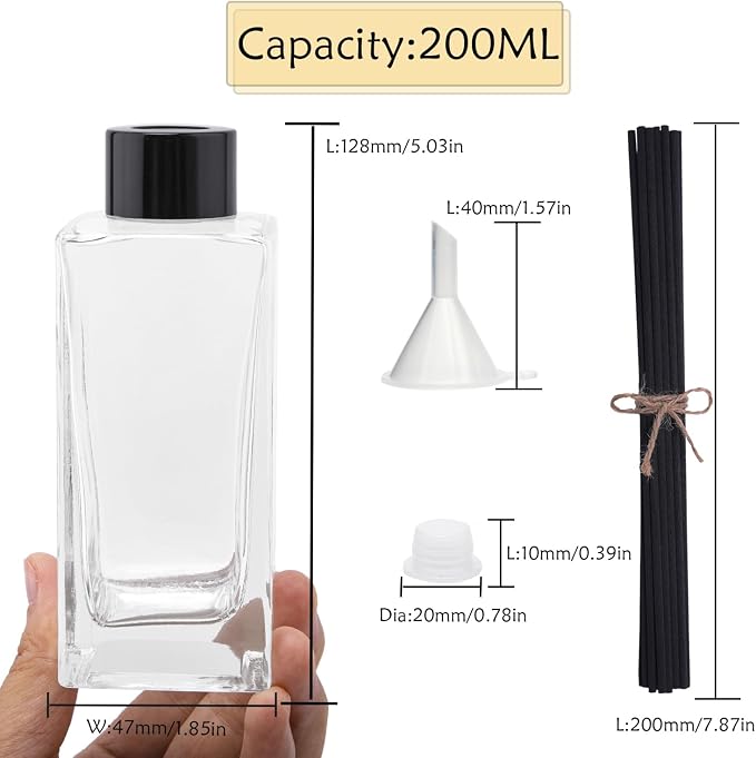 4PCS Empty Glass Fragrance Reed Diffuser Bottles, Refillable Diffuser Bottles with 20pcs Reeds Sticks & Black Caps & Funnel, Diffuser Jars for Home Oil Fragrance Decoration (200ML)