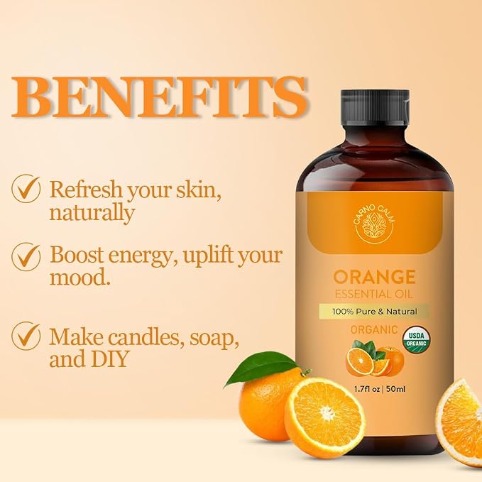 Organic Sweet Orange Essential Oil 50 Ml | USDA Certified Organic | Sweet Orange Oil for Diffuser, Skin, Hair, Soap & Candle Making | 1.7 fl. oz