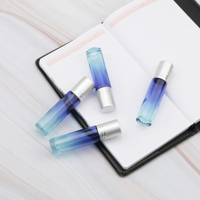 10Pcs Glass Rolling Bottles Set, 10ml (1/3oz) Blue Gradient Roller jars with Funnels, Glass Roll on Vials for Essential Oil Aromatherapy Perfume Liquid Massage
