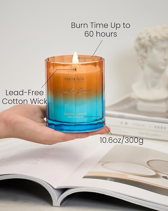 M&SENSE Summer Ocean Scented Candles for Home, 10.6oz All Natural Soy Wax | 60-Hour Long Lasting, Clean Non Toxic , Marine Breeze Smelling Aromatherapy Candle for Housewarming Gifts