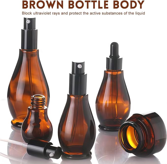 2 Pcs 100ml(3.4oz) Gourd Shaped Amber Glass Pump Bottles, Empty Refillable Dispenser with Black Pump Head, Essential Oil Emulsion Sample Vials,Travel Size Cosmetic Containers for Lotion Shampoo