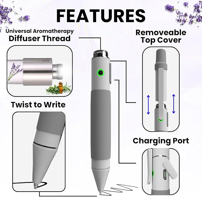 Aromatherapy Writing Pen Battery with Real Ink Tip and Hidden Diffuser Port, Soft Touch Ballpoint for Note Taking, Signature, and On-The-Go Relaxation, Rechargeable Wellness Gift for Office (Silver)