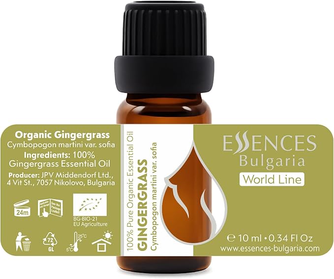 Essences Bulgaria Organic Gingergrass Essential Oil 0.34 Fl Oz | 10ml | Cymbopogon Martini VAR. Sofia | 100% Pure and Natural | Undiluted | Therapeutic Grade | Aromatherapy | Cosmetics | Cruelty Free