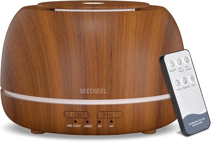 SEEDSEEL 300ML Essential Oil Diffuser with Remote Control,7 LED Colour Lights,4 Timer, Quiet,Ultrasonic Aromatherapy Diffuser for Bedroom, Living Room, Desk,Office