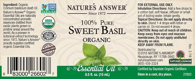 Nature's Answer 100% Pure Organic Essential Oil, 0.5-Ounce, Sweet Basil