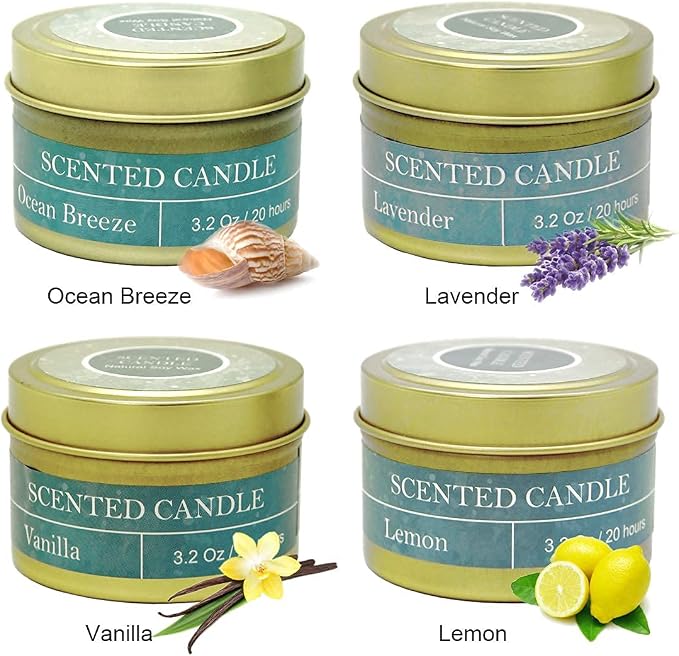 DEYBBY Natural Soy Wax Scented Candles 4 Pack 4oz Gift Set-Lavender, Vanilla, Lemon, Ocean Breeze Aromatherapy | 20 Hours Long Lasting Burning Travel Tin Candles for Stress Relief Relaxation BathYoga