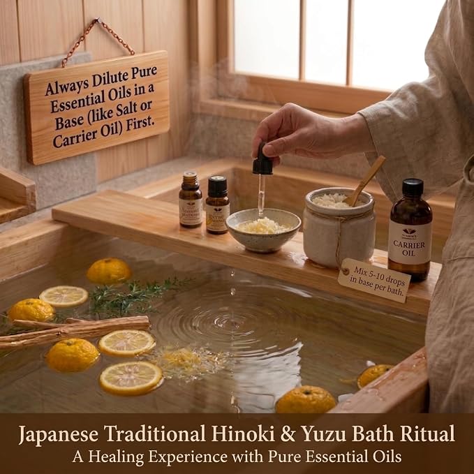 Premium Japanese Essential Oil Set - 100% Pure Hinoki & Yuzu Oils for Diffuser & Aromatherapy - Steam Distilled, Therapeutic Grade Produced in Japan - 2 Pack (5ml Each)