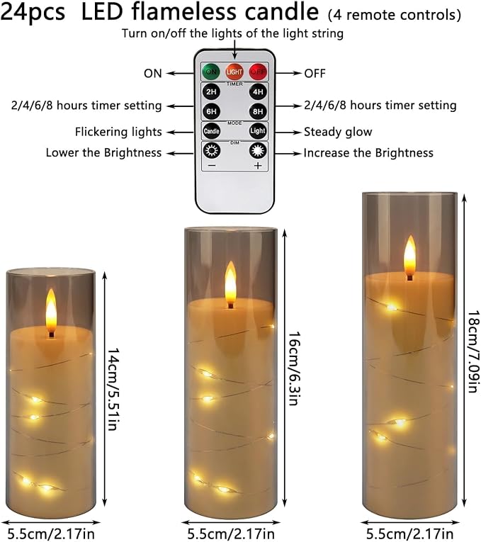 24-Pack Gray Flameless Candles with Remote Control, Battery-Powered LED Candles with Embedded Star String Lights & Realistic Flickering Flame. with Timer for Christmas, Home, Wedding, Fireplace Mantle