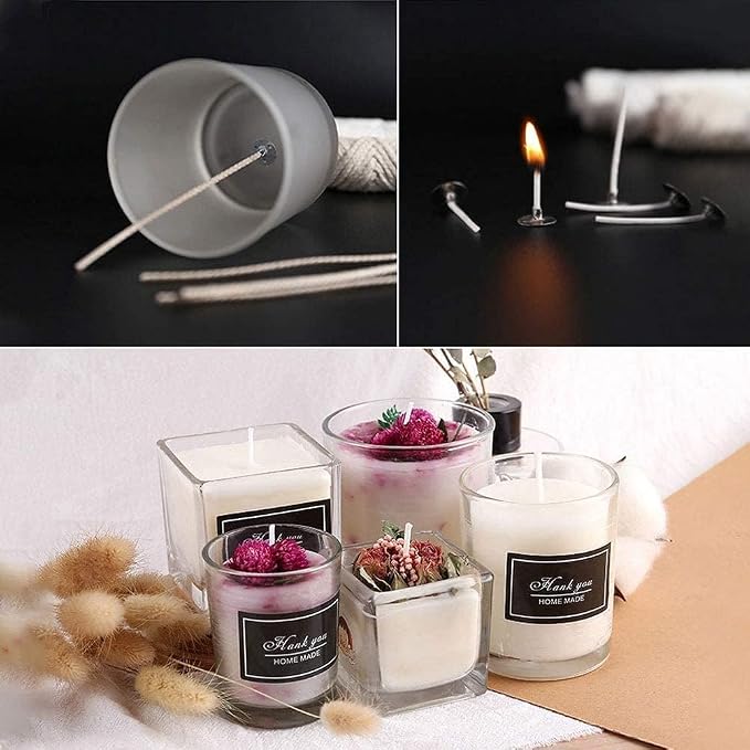 400 ft Cotton Candle Wick,24 PLY Braided Cotton Candle Making Wicks Spool + 200 Pieces Metal Sustainer Tabs + 1 Piece Centering Device Holder Set for DIY Crafts