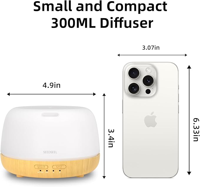 SEEDSEEL 300ML Essential Oil Diffuser,Quiet 8 Hours Operation, 7-Color LED Light, 4 Timer, Remote Control, Aromatherapy Diffuser Auto-Off, for Bedroom, Living Room, Office, Home