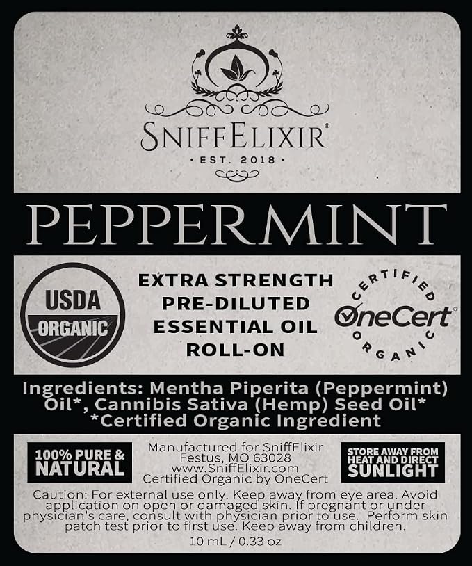 Peppermint Essential Oil Roll-On (10ml) – USDA Organic Topical Aromatherapy with Hemp Seed Oil for Headache Relief & Cooling Comfort – SniffElixir