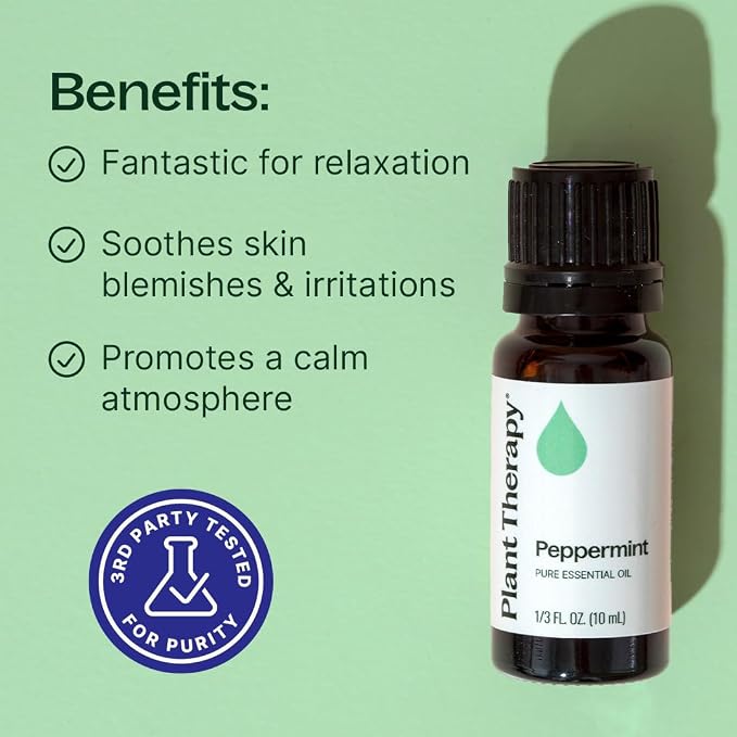 Plant Therapy Peppermint Essential Oil 10 mL (1/3 oz) 100% Pure, Undiluted, Natural Aromatherapy for Diffuser & Topical Use, Digestion, Respiratory, & Massage, Peppermint Oil for Skin & Hair