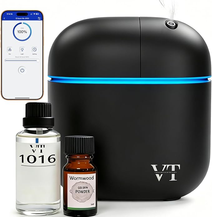Waterless Essential Oil Diffuser (2 Fragrances Included) 3000 Sq.Ft,Home Hotel Office Use,Cold Air Scent Machine, Bluetooth App Control,LED Light,Wall-Mounted Aroma Diffuser