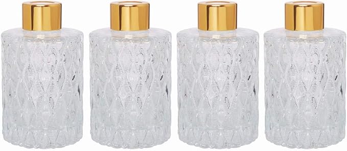 Hosley Set of 4 Mid Century Modern Glass Diffuser Bottles 4 Inch High. Ideal for Use with Essential Oils Replacement Diffusers Reed Sticks DIY Crafts O3 Gold
