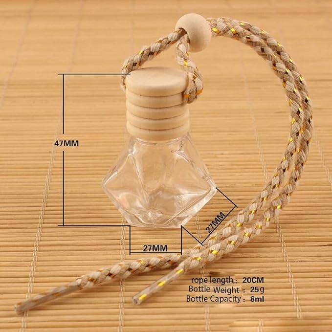 8Pcs 8ml Hanging Car Air Freshener Perfume Bottle, Refillable Aromatherapy Fragrance Clear Empty Essential Oil Diffuser Perfume Pendant Auto Ornaments Decor Accessories with Wooden Caps
