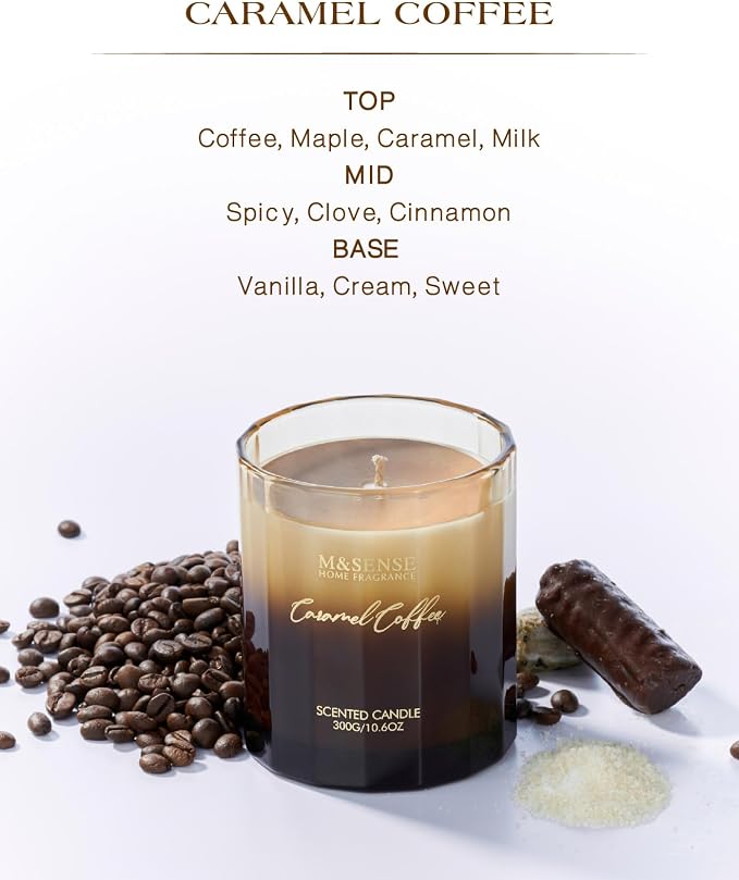 M&SENSE Caramel Coffee Home Scented Candles, 10.6oz 60-Hour Natural Soy Wax | Clean Non-Toxic Long Lasting, Cozy Scent Aromatherapy Candle, Housewarming Gifts for Coffee Lovers & Women Men