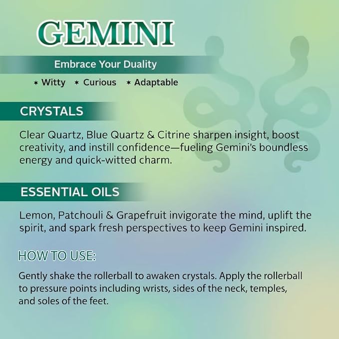 Gemini Zodiac Crystal-Infused Essential Oil Rollerball, Aromatherapy Blend - Clarity & Creativity, Premium Astrology Sign Birthday Gift, Natural Therapeutic Roller, 10 mL