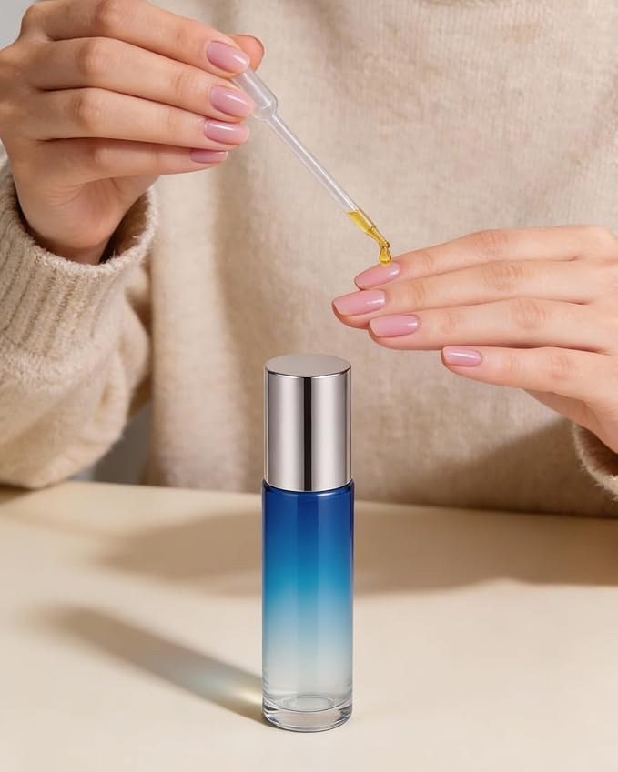 Worldgsb 4 Pack Essential Oil Roller Bottles, 10ml Refillable Glass Roller Bottles with Stainless Steel Roller Balls and Caps for Travel, Perfume and Lip Gloss Blue-Red Gradient