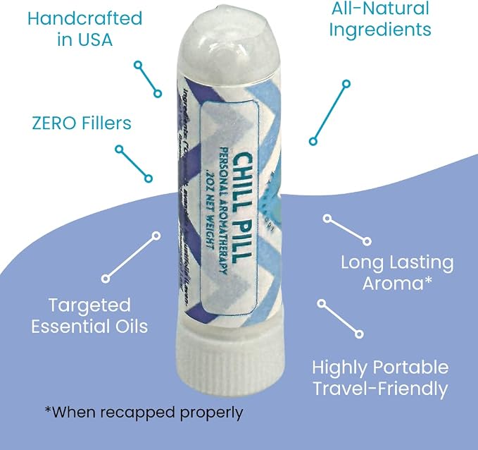 CHILL PILL (2PK) Stress & Tension Relief Personal Diffuser Sniffer Stick with Pure Undiluted Essential Oil Blend | Soothes, Comforts, Calms Mood | Relaxing Christmas Gift