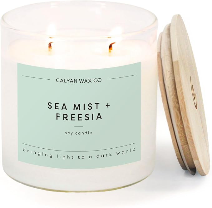 Calyan Wax Co. Sea Mist & Freesia 2 Wick Scented Candle - 37 Hour Burn - Luxury Clean Soy Wax Candles - Long Lasting Large Glass Jar Candle for Home - 8.8oz