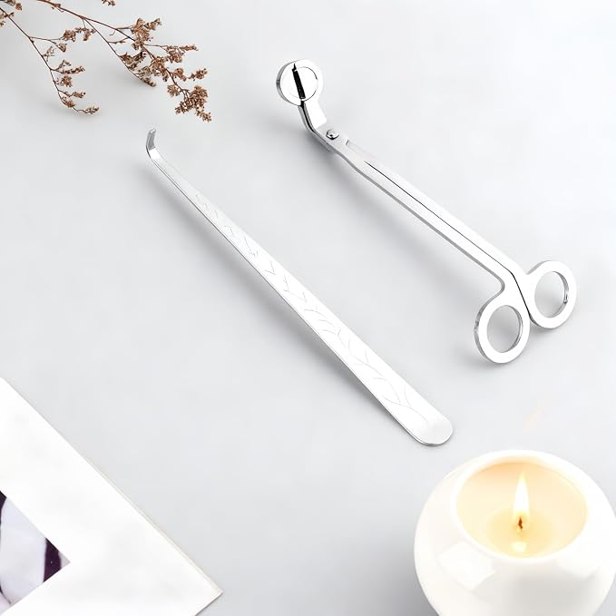 Silver Candle Care Set, Professional 2-in-1 Wick Trimmer and Snuffer, 7.09-Inch Copper-Nickel Plated Tool with Anti-Slip Handle, Extended Safety Grip Design