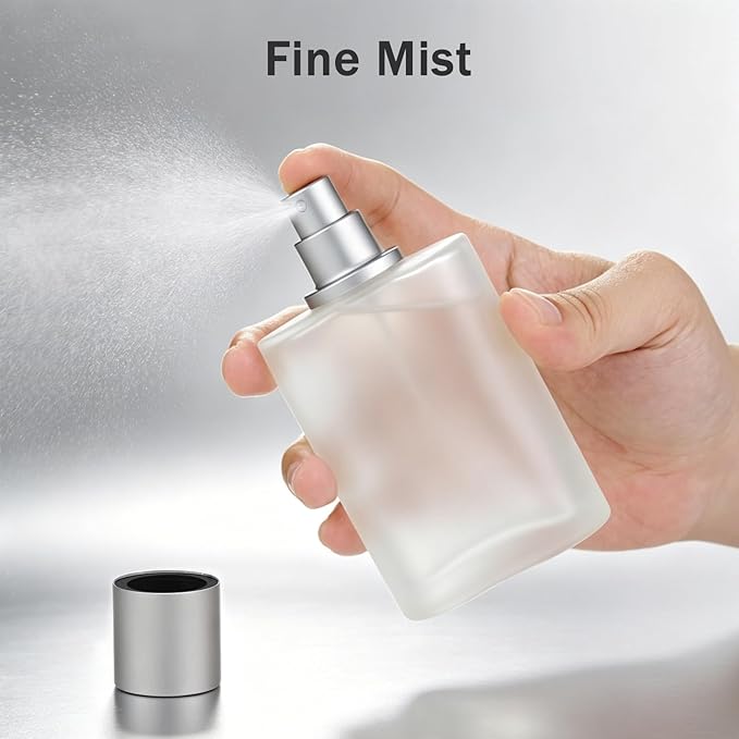 Refillable Frosted Glass Spray Bottle, 100ml 3.4oz | Fine Mist Perfume Atomizer, For Essential Oils, Travel, Makeup, Empty Container, Includes Funnel Filler & Dropper