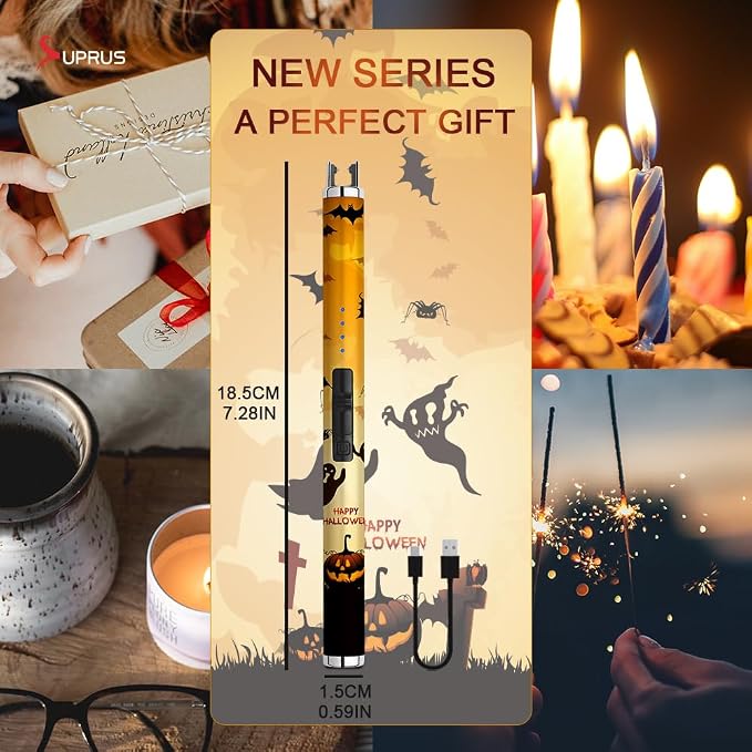 SUPRUS Electric Candle Lighter USB Type C Rechargeable Lighter with Upgraded LED Battery Display Safety Switch Flameless Plasma Windproof for Candle Cooking BBQs Fireworks (Halloween)