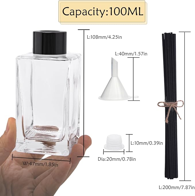 4PCS Empty Glass Fragrance Reed Diffuser Bottles, Refillable Diffuser Bottles with 20pcs Reeds Sticks & Black Caps & Funnel, Diffuser Jars for Home Oil Fragrance Decoration (100ML)