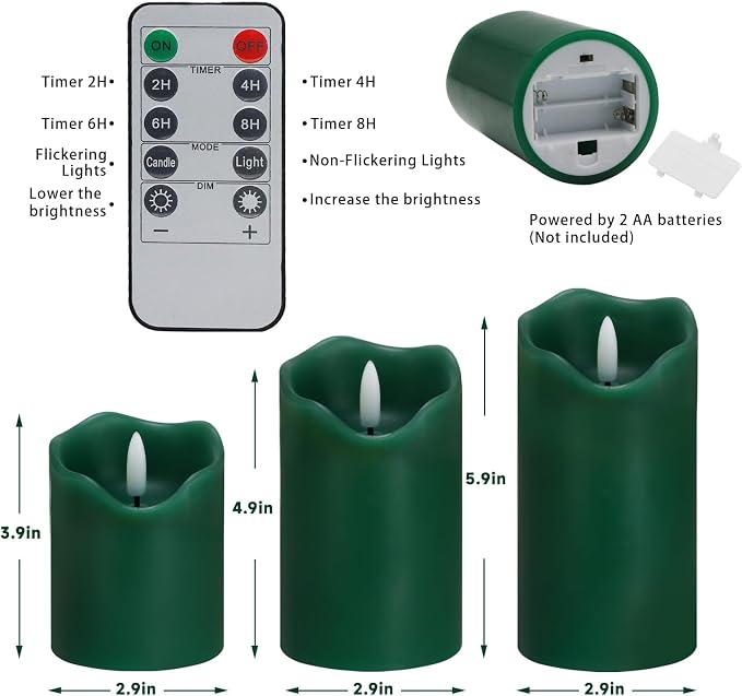 Flameless Candles Lights, Set of 3 Flickering LED Candles with Remote & Timer, Dimmable Electric Pillar Candles Battery Operated, Green Candles for Home St. Patrick’s Day Christmas Decor (Green)