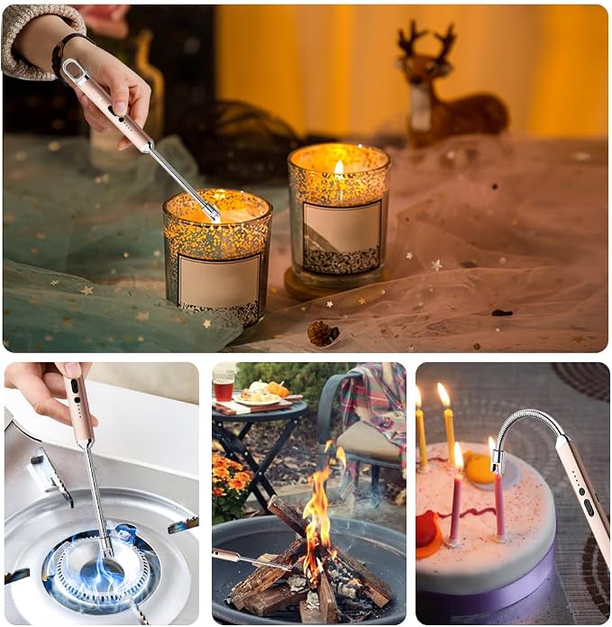 SUPRUS Rechargeable USB Arc Electric Lighetrs with Safety Switch 360° Flexible Neck Flameless Grill Long Lighters for Candle Camping Cooking (Champagne Gold, 2Packs)