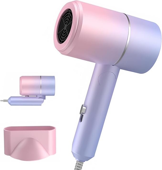 Foldable Ionic Hair Dryer with Diffuser, 800W Fast Drying Blow Dryer, 38000 RPM, Lightweight, Pink Blue, for Home & Travel (Pink Blue)