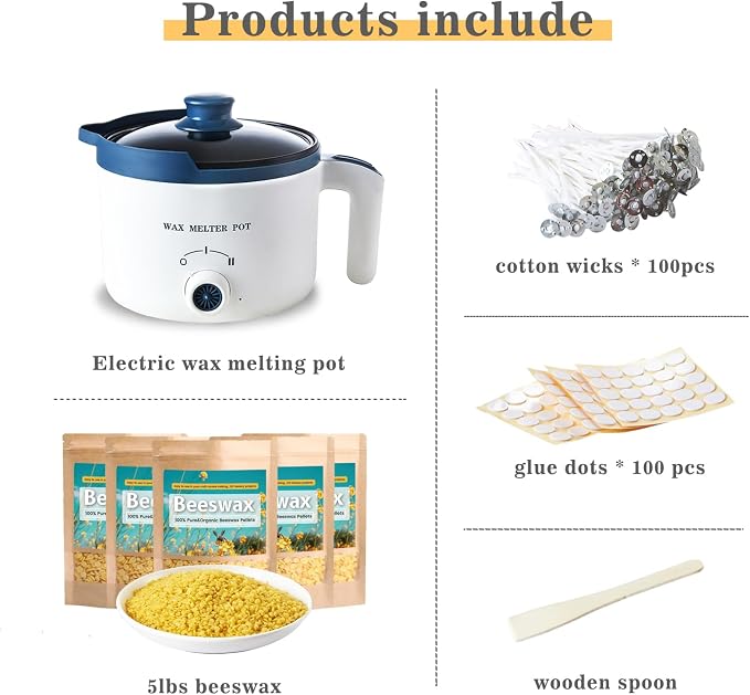 Beeswax Candle Making Kit with Electric Wax Melter for Adult, 5lbs Bees Wax for Candle Making and DIY Art&Craft