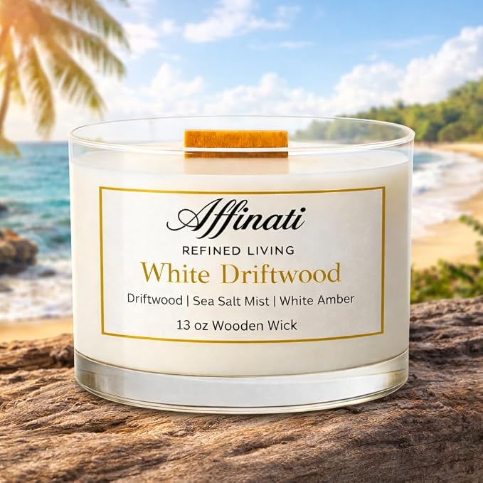 Affinati White Driftwood Wooden Wick Candle – Luxury Wooden Bowl, 13 oz