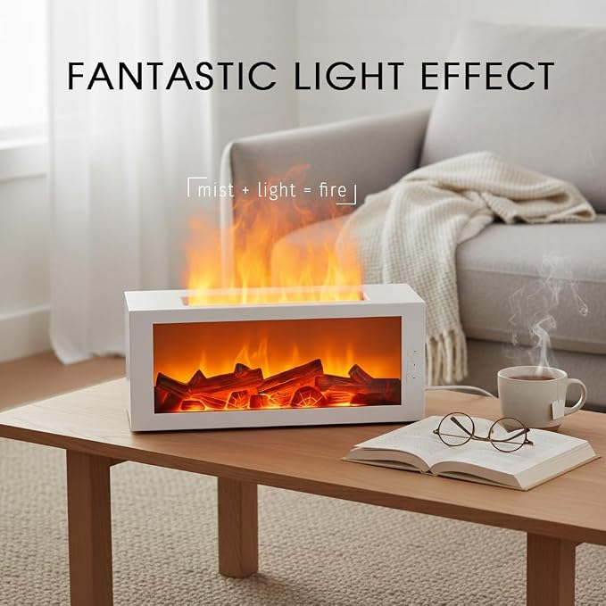 Essential Oil Diffuser,Fireplace Diffusers with 3 Aromatherapy Oils Set,300ml Color Flame Aroma Diffuser with Remote Control,Small Humidifier for Home Room Decor Gift for Women (White)