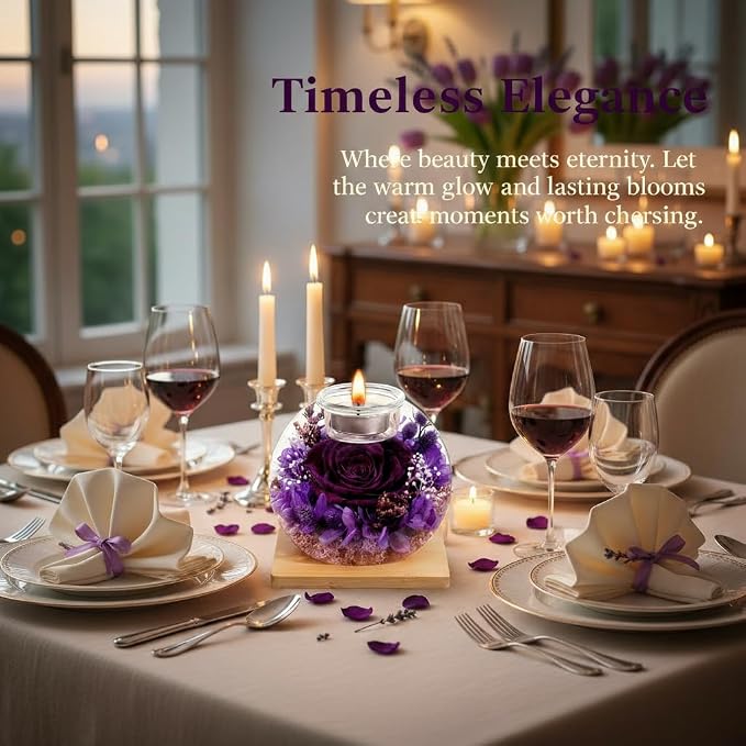 Eternal Preserved Real Rose, Glass Dome Gift Set with 18 Scented Candles (9 Rose,9 Vanilla), Mother's Day Valentine Christmas Birthday Gift for Women Mom Girlfriend Wife Home Decor (Dark Purple)