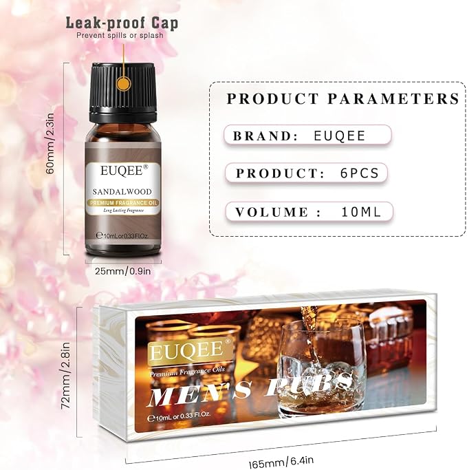 EUQEE 6PCS Fragrance Oils for Men, Men's Pubs Gift Set Premium Fragrance Oils -10ml-Leather, Honeyed Haze, Dragons Blood, Sandalwood, Bay Rum, Cedarwood (Men's Pubs)