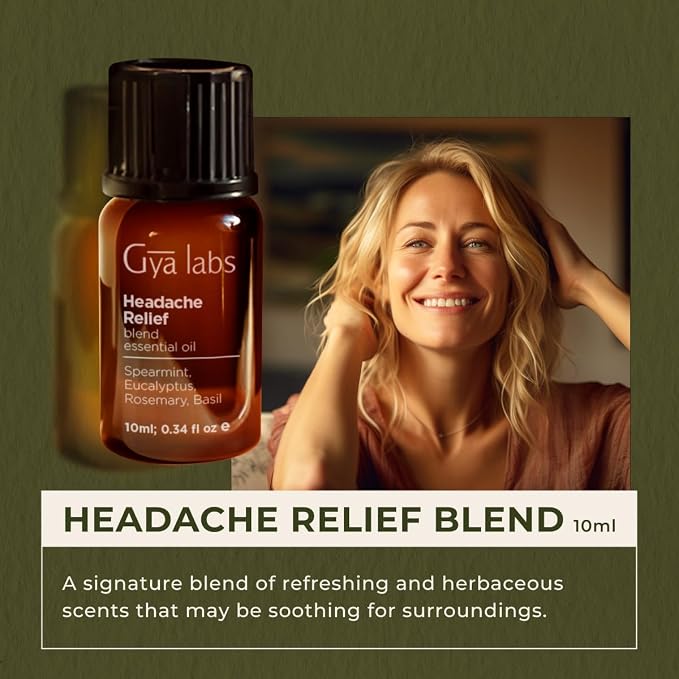 Gya Labs Headache Essential Oil Blend for Diffuser, Aromatherapy, Massage & DIY - 100% Pure Natural Ingredients of Spearmint, Rosemary & Eucalyptus (0.34 Fl Oz)