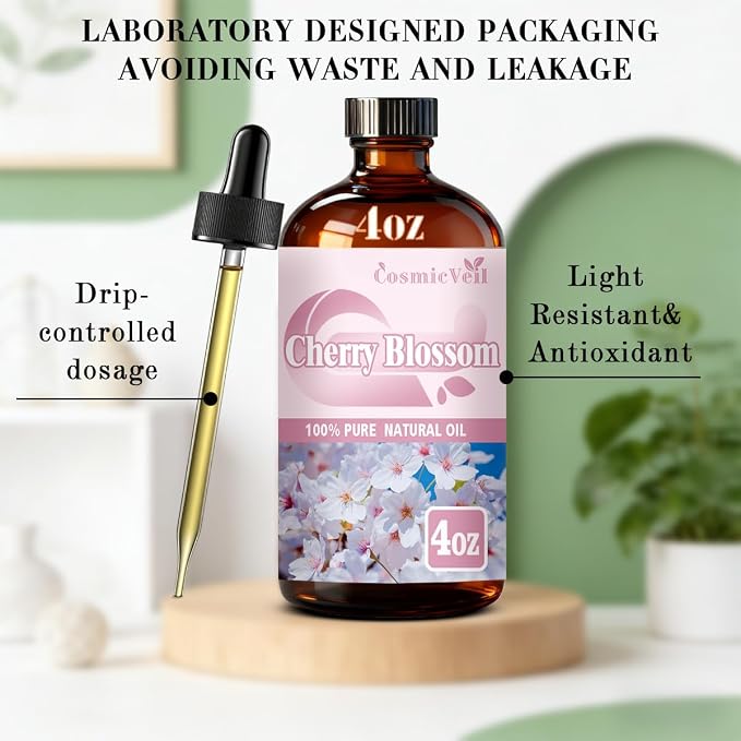 Cherry Blossom Essential Oil Cherry Blossom Oil for Aroma Diffuser,Humidifier,Home Fragrance,Cleaning,Body Care,Massage,Yoga,DIY Candle,DIY Soap CosmicVeil（Cherry Blossom，4 Fl Oz (Pack of 1)）