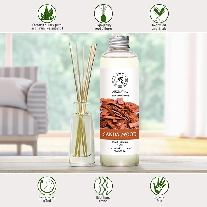 Reed Diffuser Refill Sandalwood 6.8 Fl Oz - 200ml - Room Diffuser Refill - Home Fragrance - Scented Diffuser - Fresh Fragrance - Aromatherapy - Air freshener - Fresh and Long Lasting Fragrance
