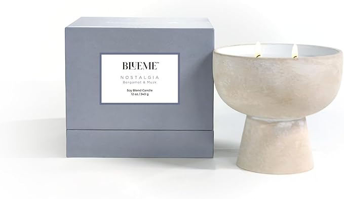 Blueme Nostalgia Candle | Bergamot & Musk | 2 Wick - Refillable Wellness Candle with Essential Oils, Hand Finished & Poured Soy Wax Blend Ceramic Vessel, Natural Cotton Wicks | Medium 12 oz