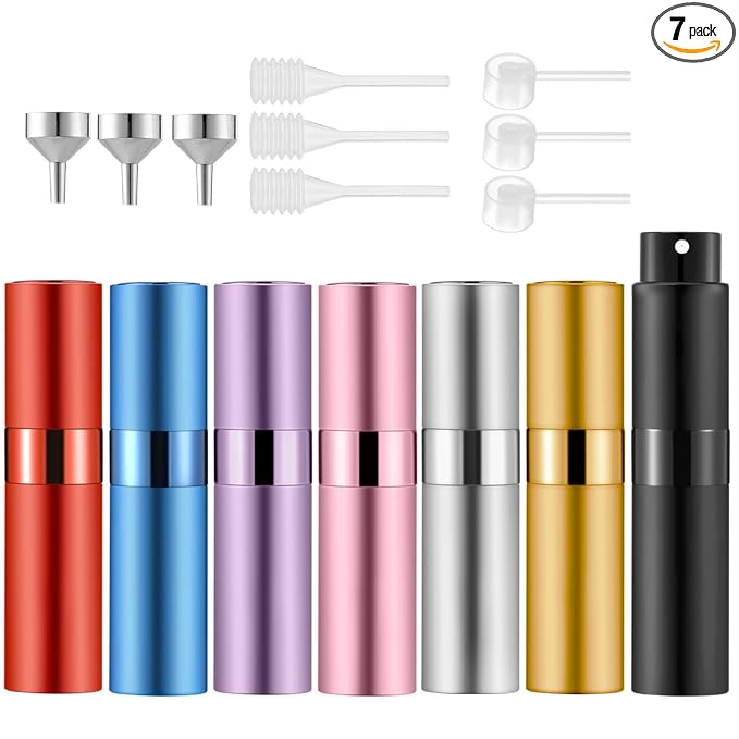 Lil Ray 8ml Portable Mini Perfume Atomizer(7 PCS) Refilable Empty Small Spray Bottle with Lifting Nozzle for Travel, Pocket Cologne Sprayer (7 Colors)