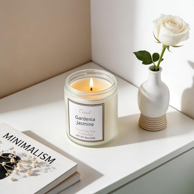 Gardenia Jasmine Strong Scented Soy Candle for Home,Non Toxic Natural Aromatheraphy Candles,50H Long Burning Smokeless Jar Candel, Home Fragance Gift for Stress Relief,Relax for Women Men(9oz)