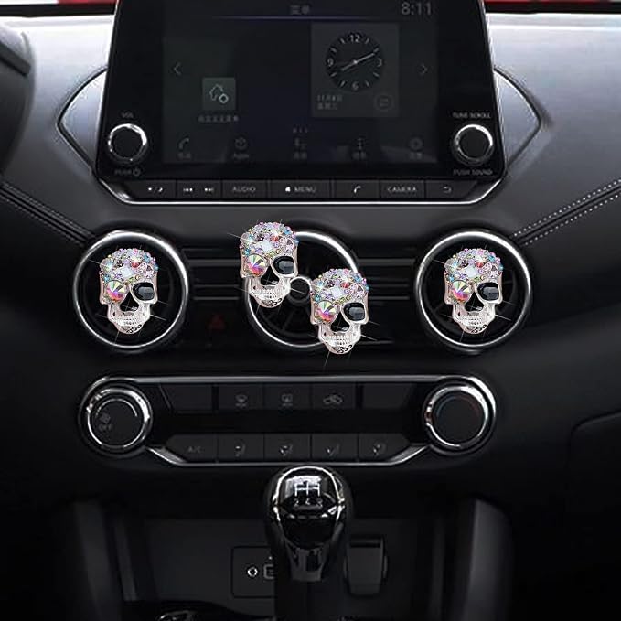 Bling Skull Air Vent Clips, 4 Pcs Crystal Skull Car Air Fresheners Vent Clips Car Diffuser Vent Clip Rhinestone Diamond Decoration Cute Interior Decor Bling Accessories for Women