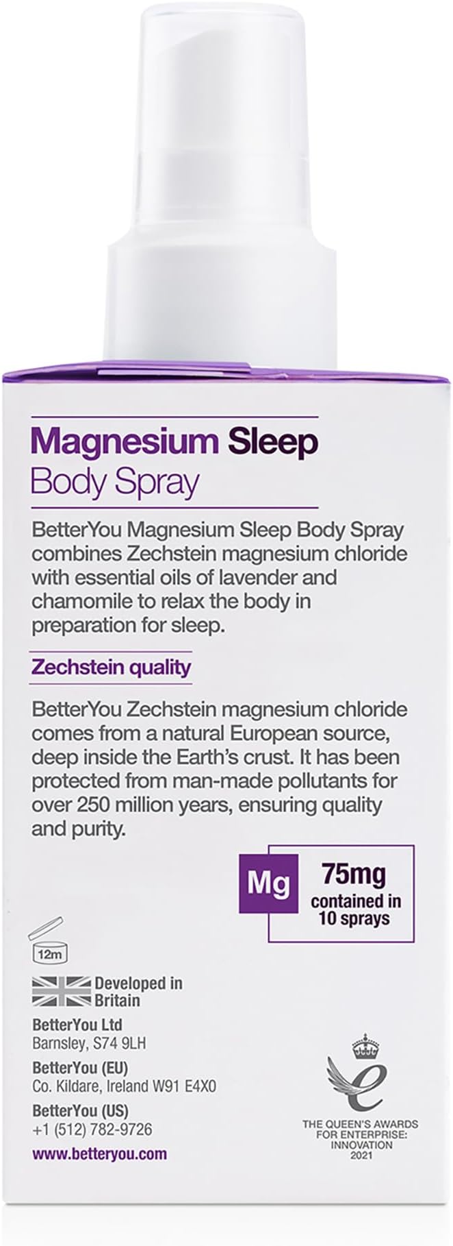 BetterYou Magnesium Muscle Body Spray - Relaxing Topical Magnesium and Essential Oil Spray - Lavender and Chamomile - Promotes Better Sleep - 3.38 oz
