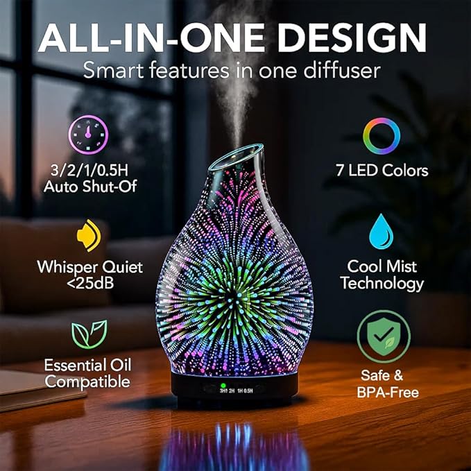 Essential Oil Diffuser & Essential Oils Set, Glass Aromatherapy Diffuser, 6 Oils Gift Pack (Lavender Tea Tree Lemongrass Sweet Orange Eucalyptus Peppermint)