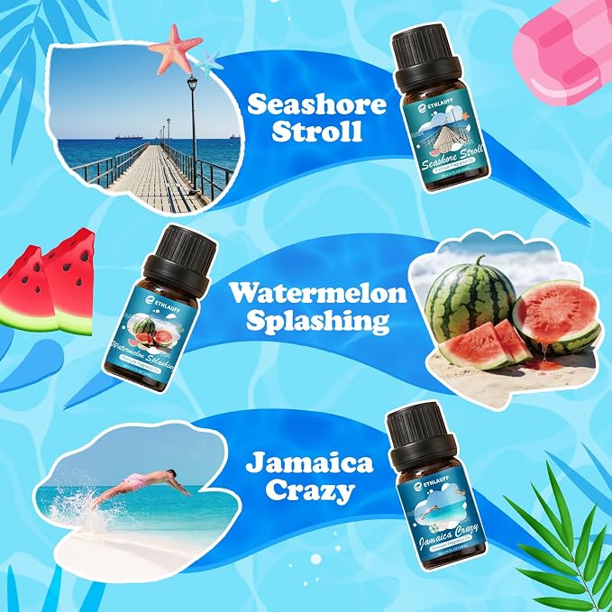 Summer Essential Oils for Diffuser - Ocean Wind, Tropical Coconut, Seashore Stroll, Hawaiian Suntan, Jamaica Crazy, Watermelon Splashing, Tropical Scented Oil for Home, Candle Making