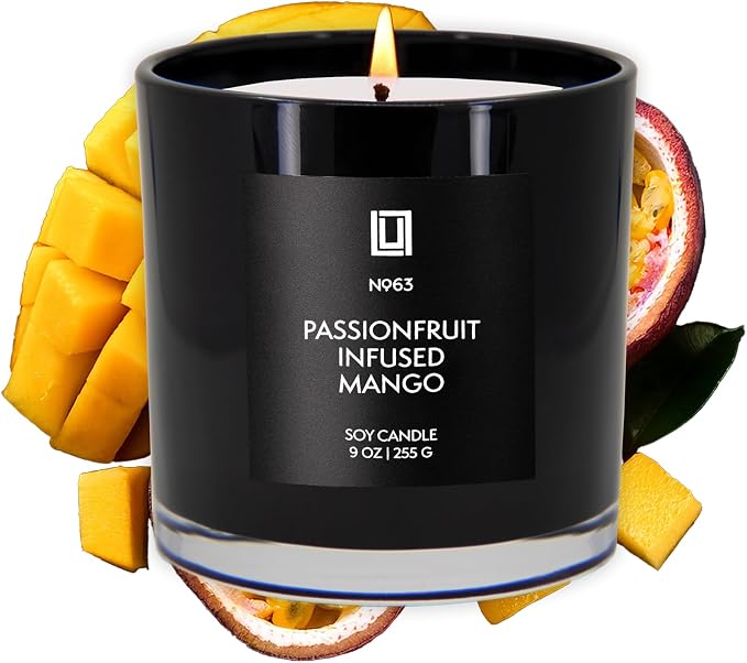 Lulu Candles | Passionfruit Infused Mango | Highly Scented Premium Candles in Giftable Box for Home and Office | Vegan Soy Blend Jar Candle with 100% Cotton Wick | Slow Burning & Long Lasting (9 Oz.)