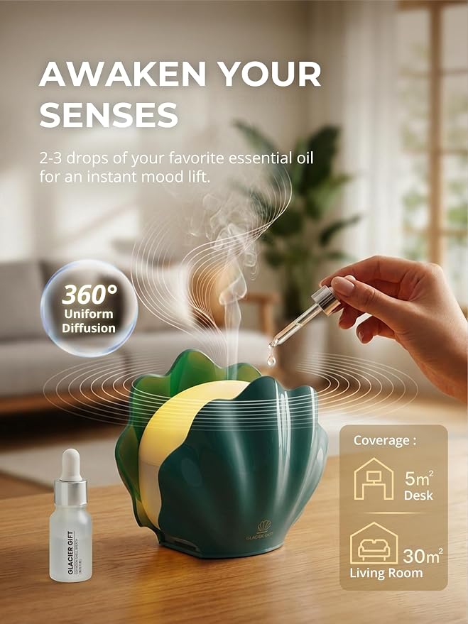 Essential Oil Diffuser 260ML, Shell Aroma Diffuser with Remote Control Humidifier with 7 Colors LED Night Light for Bedroom Home Relaxation (Green)