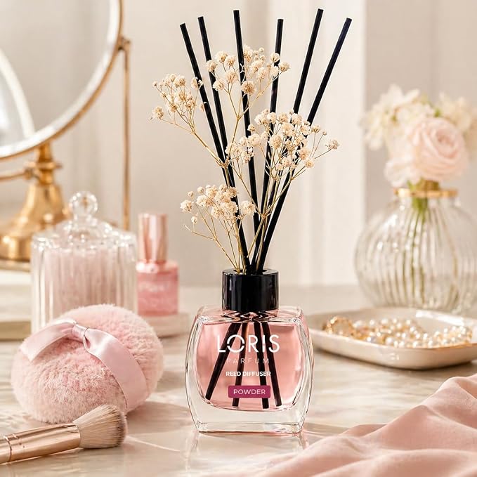 Loris Powder Reed Diffuser Set with Dried Flowers | Reed Diffusers for Home with Sticks | Bathroom Diffuser & Room Scent | Long-Lasting Home Fragrance | 120 mL / 4.06 fl oz